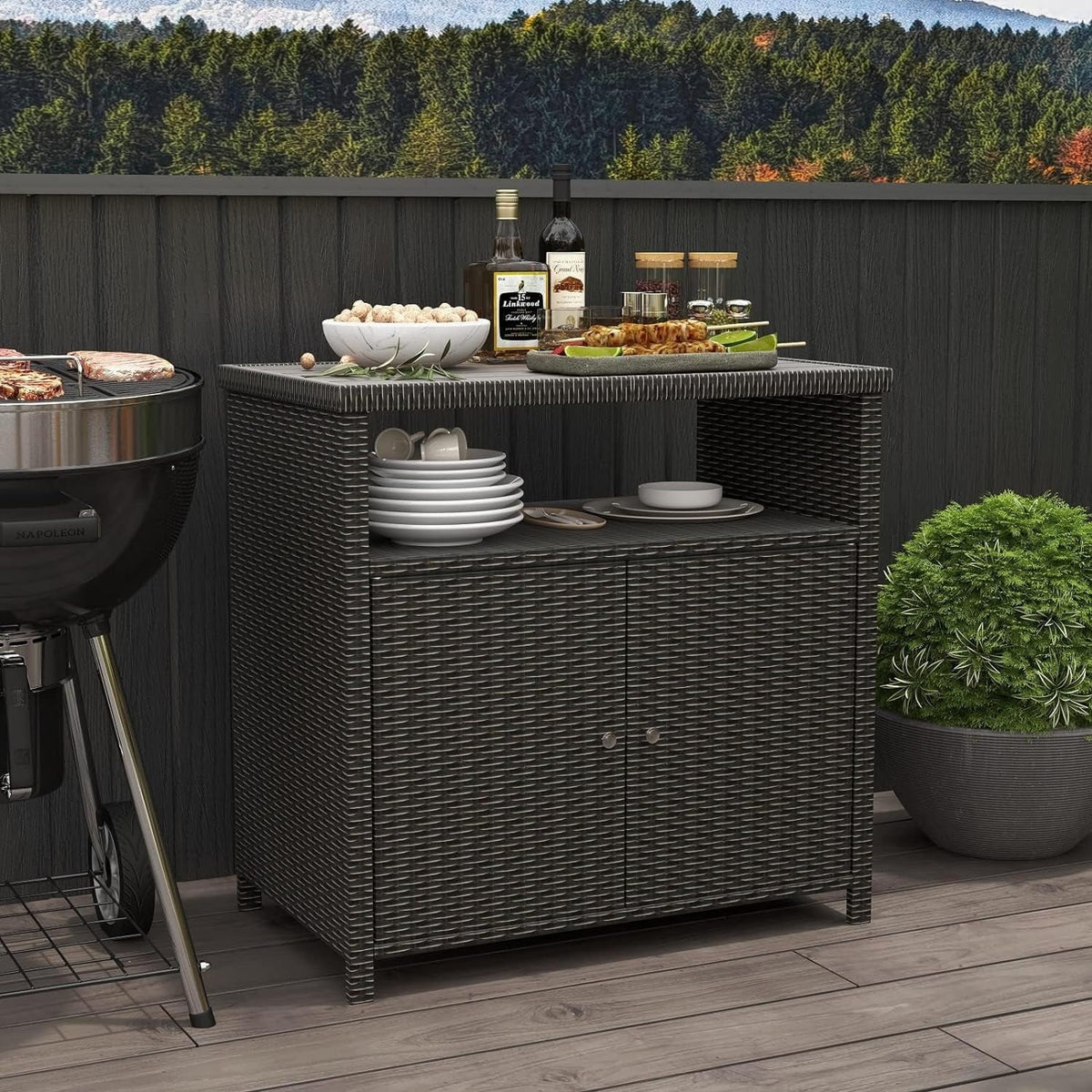 Dark Wicker climate Shelf, Resin Wicker, Brown with Storage Steel, Powder Indoor All Cabinet AUCHI Coated 2-Door exterior