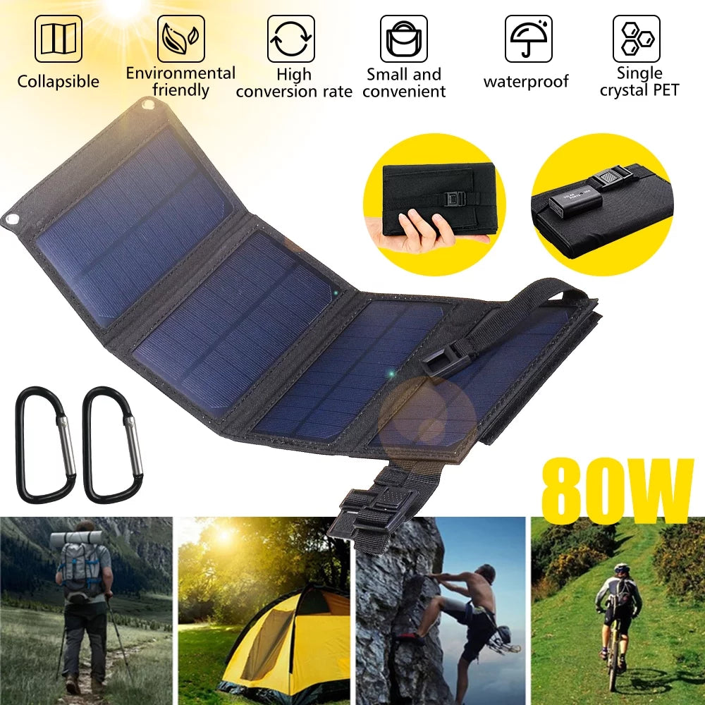 iPhone, Laptop, Suitable for Station, Solar for Camping Suitable exterior Travel Portable USB MDHAND Foldable Port, 80W RV Panel Power Caravan Ipad,