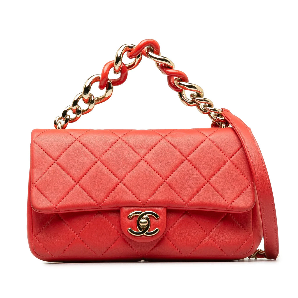 (Good) Chain Small Authenticated Single Unisex Elegant Flap Pre-Owned Satchel Red Lambskin Leather