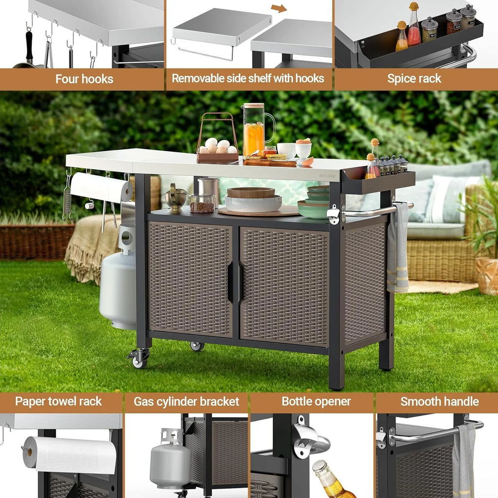 with Cart 53-Inch with Table exterior Wheels for Countertop, Steel Side Dining Indoor Rolling and Worktable SUSIMOND Stainless Island Shelf Storage Cabinet Kitchen XL