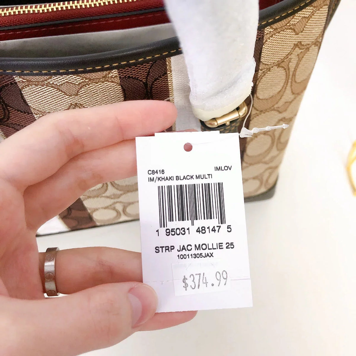 Stripes Tote Jacquard 25 IN In Multi Black With Signature Mollie Khaki Coach C8416