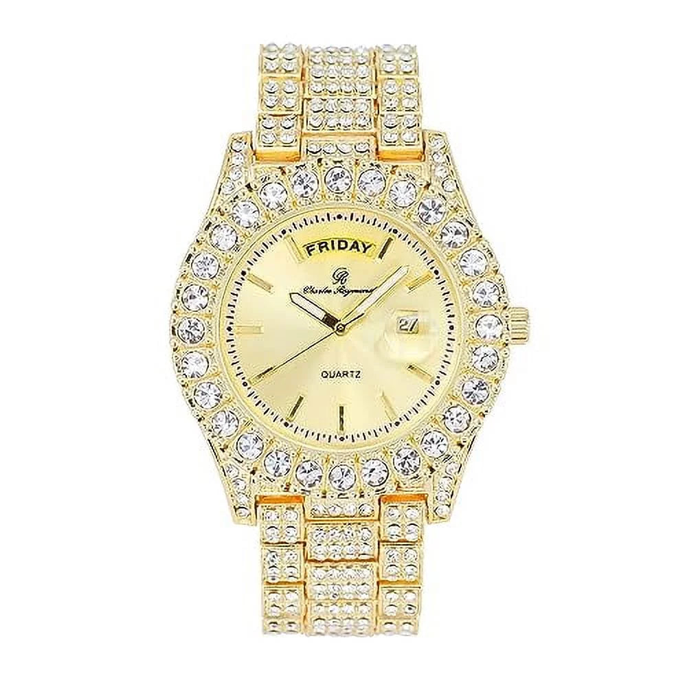 Hip ST10535 (ST10535-LN Blinged Raymond Out Gold) Hop Date Watch Read Diamond Designer &Day Mens - Rocks Timepiece and w/Easy Iced Dials- Out Colorful Fully Charles Big