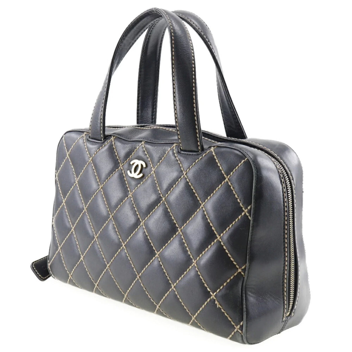 Wild A14692 Pre-Owned Mini (Fair) Black Ladies Stitch Handbag Calf Boston