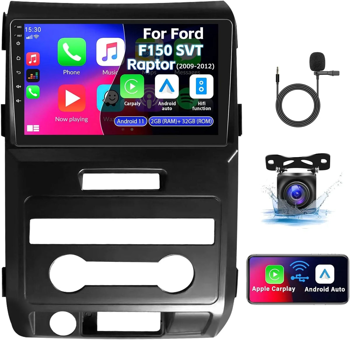 9” Wireless GPS HD with Backup Car 11 Navigation for Touchscreen CarPlay 2010 Android Bluetooth F150 THONZER 2012 Car Radio, Radio Android Auto 2011 FM/WiFi 2009 SVT with Stereo Raptor Camera&MIC