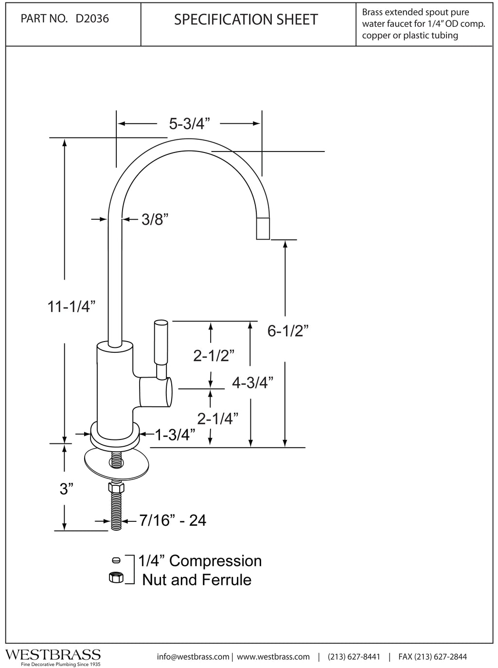 Handle Contemporary 1-Lever Polished liquid Dispenser Cold D2036-NL-26 11" Chrome Westbrass Faucet,