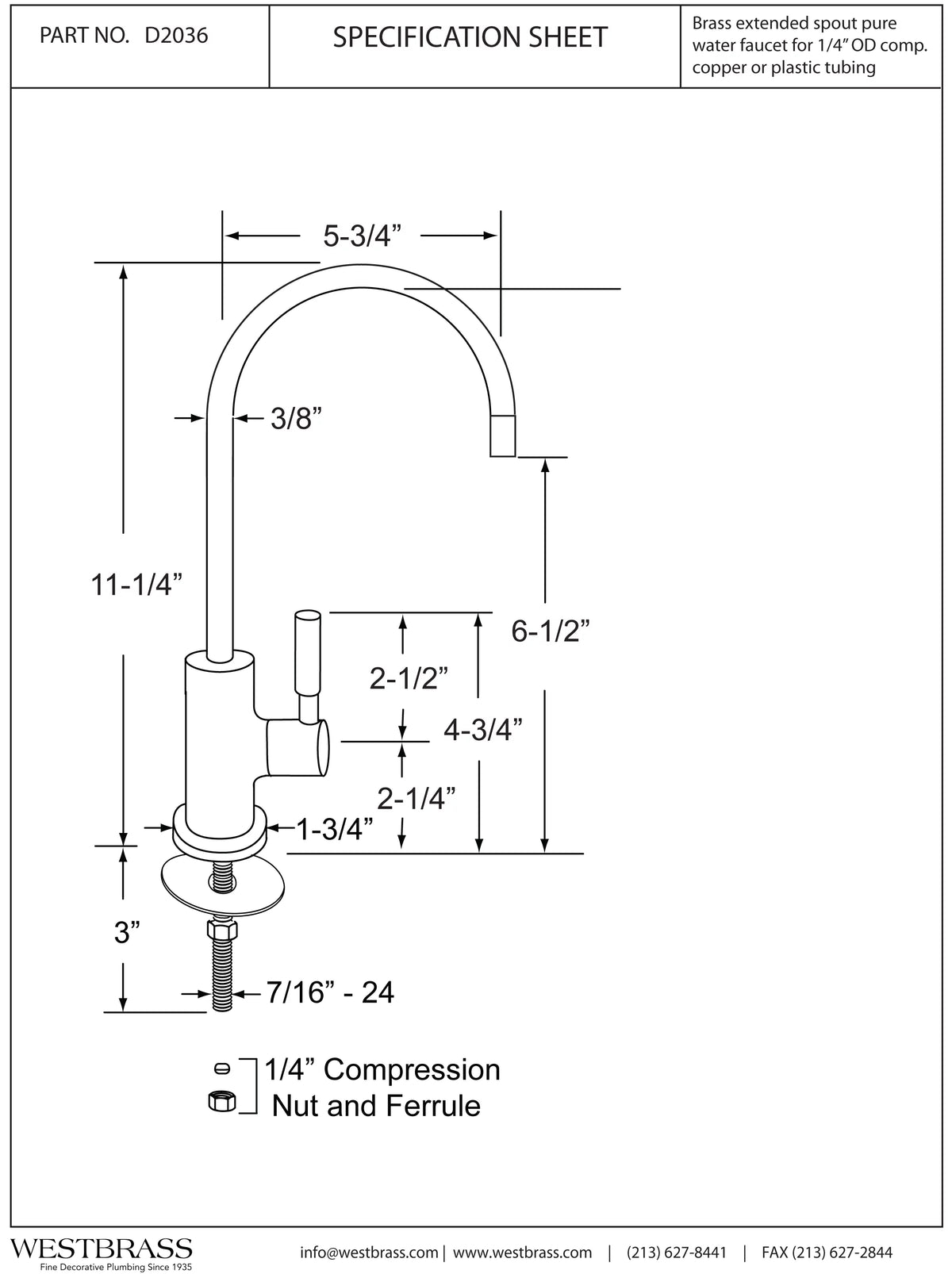 Handle Contemporary 1-Lever Polished liquid Dispenser Cold D2036-NL-26 11" Chrome Westbrass Faucet,