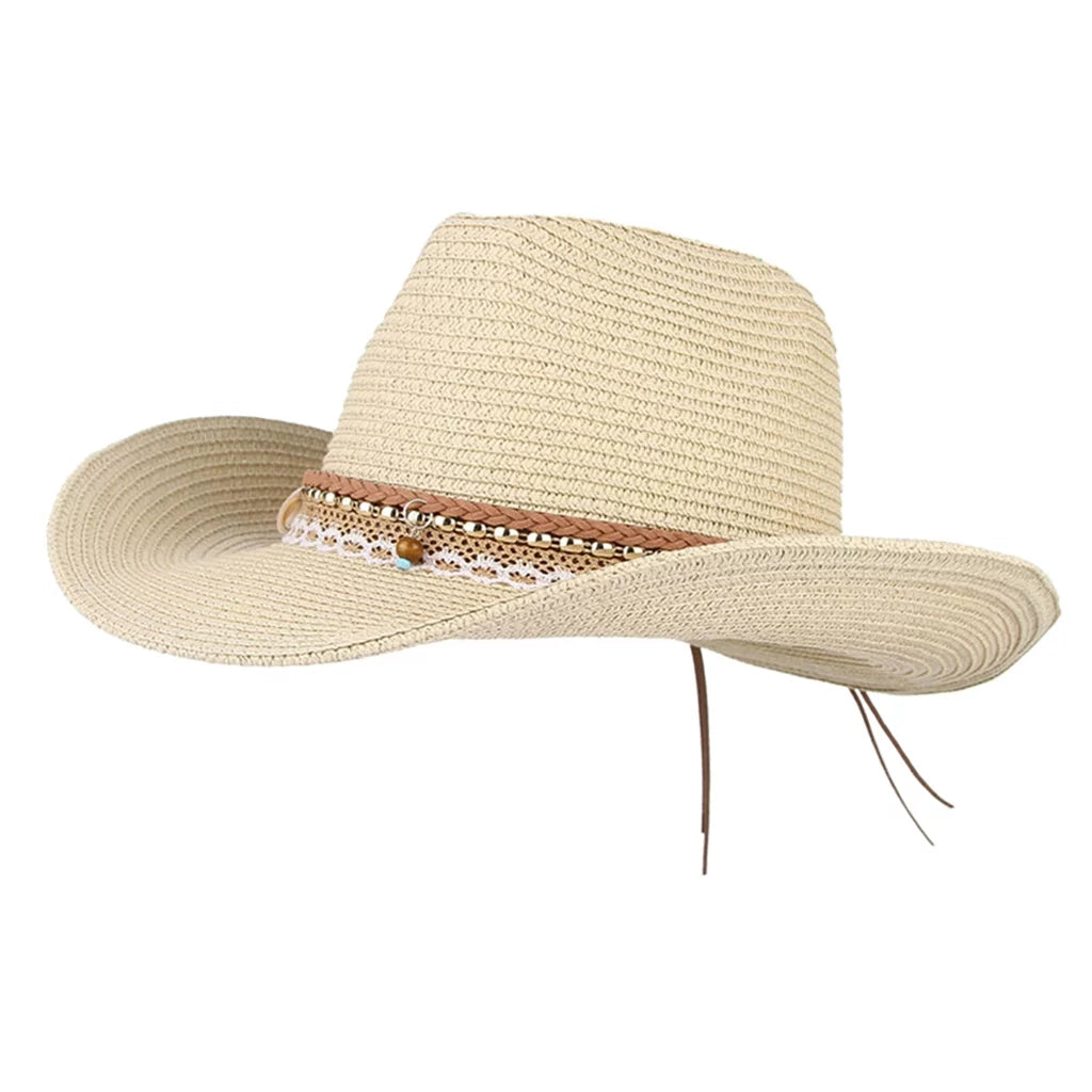 Cowboy Trilby Straw design Sun Western Floppy Beige Brim Big Packable Hat Women