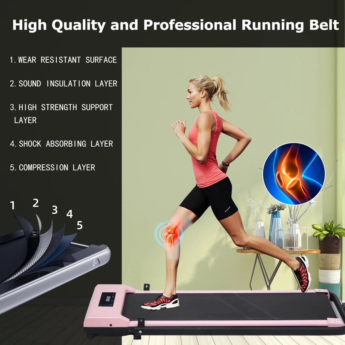 Display, 1, Treadmill in Ultra Walking 2 Pink Portable Capacity Remote 3.0HP Installation-Free Home, Desk for - Under 220 Pad BITOUSHI Lb Control, LED with Small Quiet & Treadmill Office &