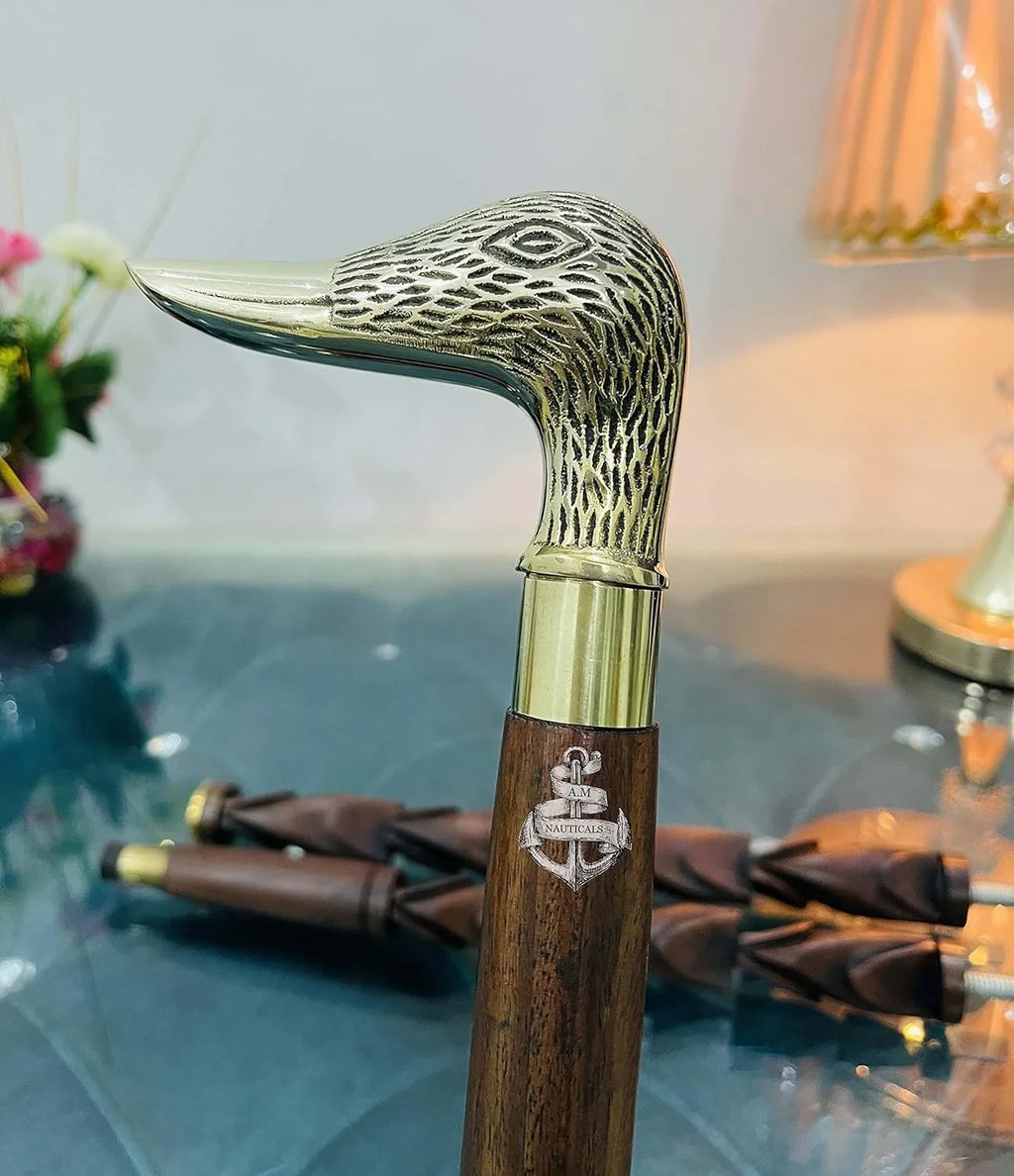 Brass Face Walking Duck Handle Head Solid Stick Wooden Walking Brass Stick