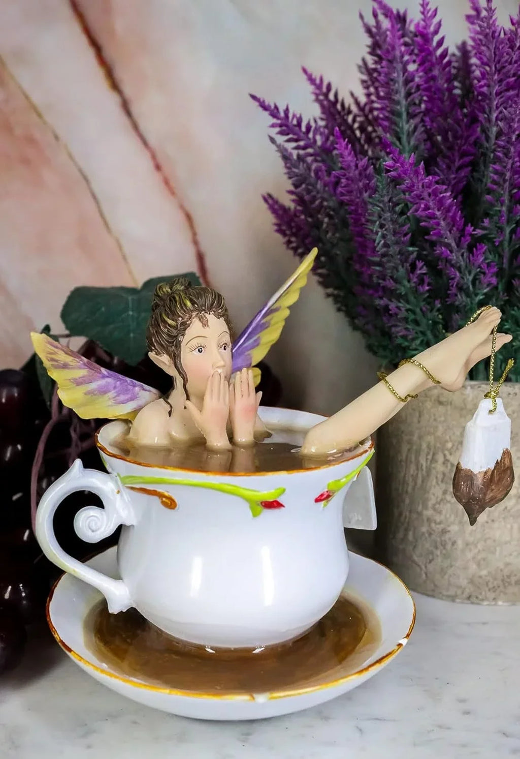 Fairy With Tea Fantasy Tea Shocked Fairy Tea Cup In Bathing 5" H Design Figurine Collectible Saucer Ebros Time Magical Encounters Bag Cracked With