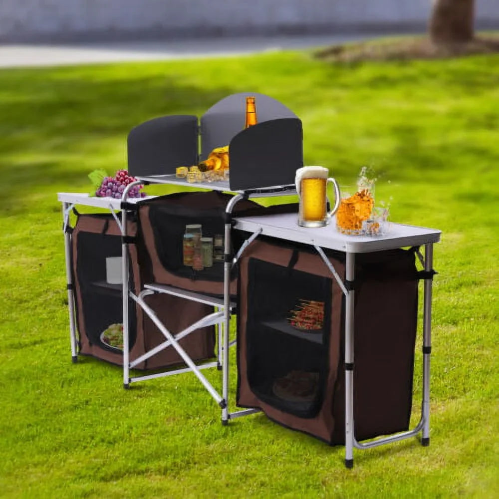Storage Picnic Table Camping Portable Cabinet Kitchen Table Rack Cooking Folding