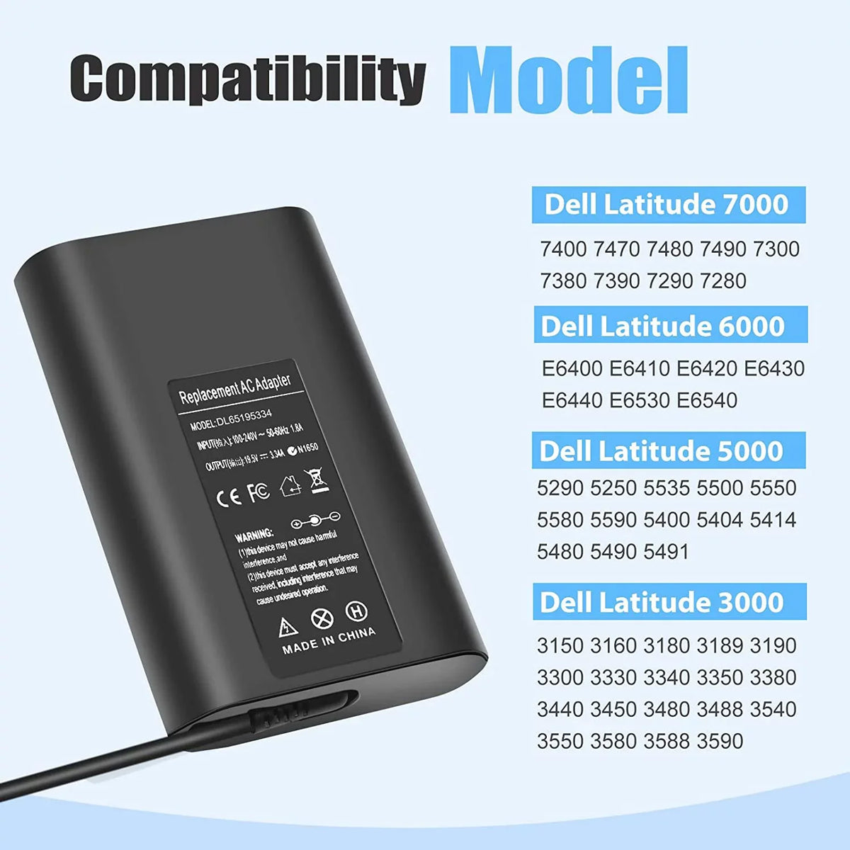 Latitude Adapter LA65NM130 5500 E6430 E6540 E5450 LA65NS2-01 E7470 7390 7480 7490 for 3440 E5400 7400 5400 E6420 E5420 65W Charger 5480 AC E5470 Laptop E7480