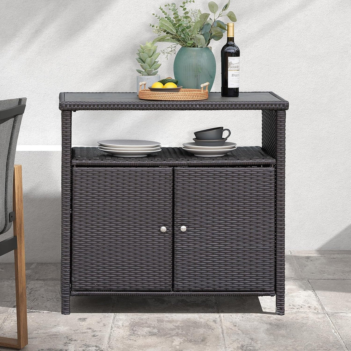 Coated Storage Resin Wicker, Powder Wicker Brown climate Shelf, exterior 2-Door All Dark Cabinet with Steel, Indoor