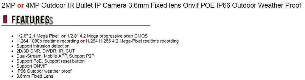 Fixed Eyemax POE Bullet Onvif exterior 4MP Camera IP Security Proof IR IP66 3.6mm exterior climate lens CCTV