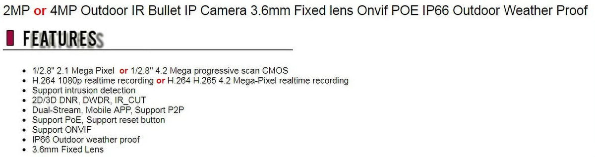 Fixed Eyemax POE Bullet Onvif exterior 4MP Camera IP Security Proof IR IP66 3.6mm exterior climate lens CCTV