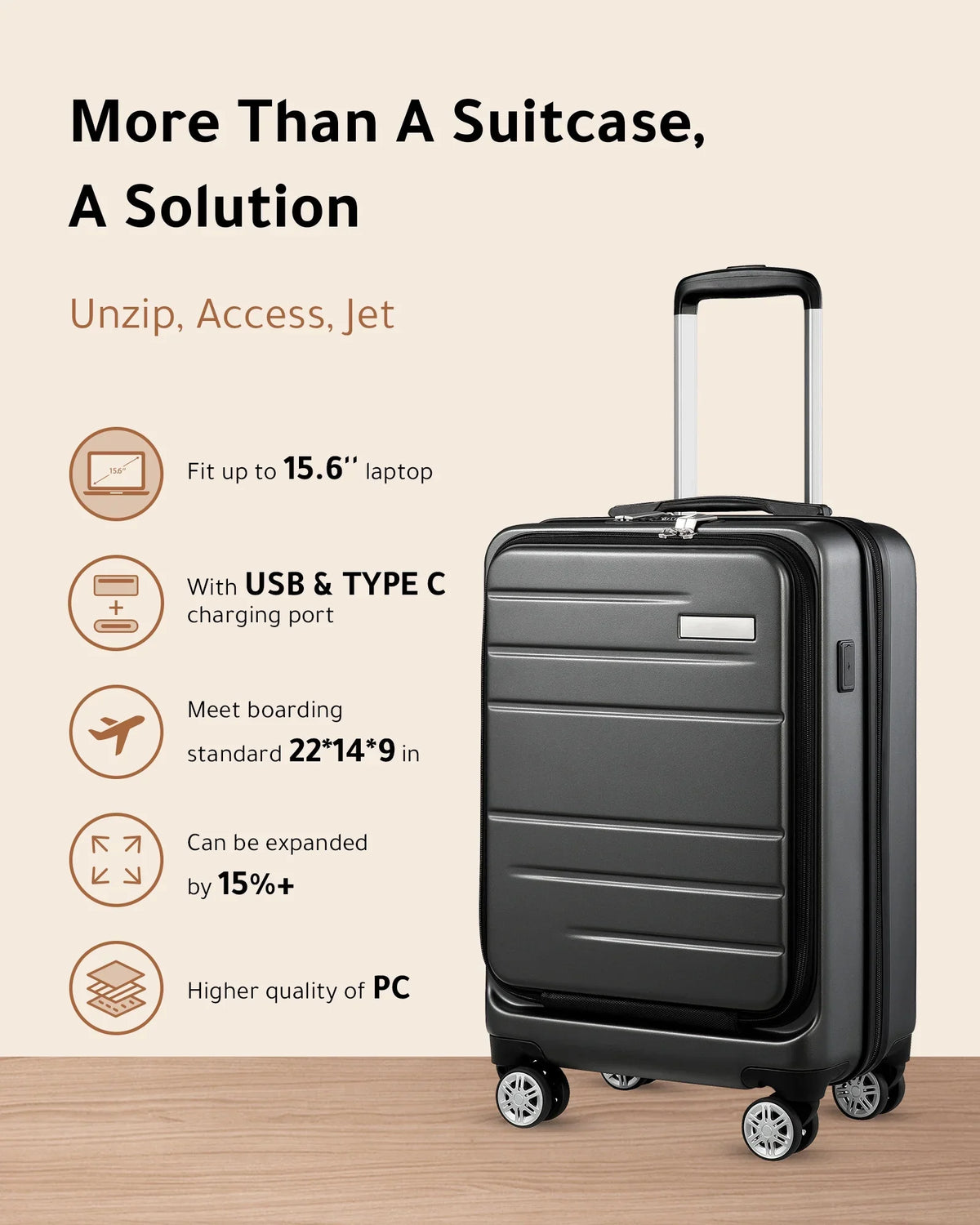 Front Port with Pocket Expandable Carry Suitcase on USB and Luggage, Hardshell LUGGEX