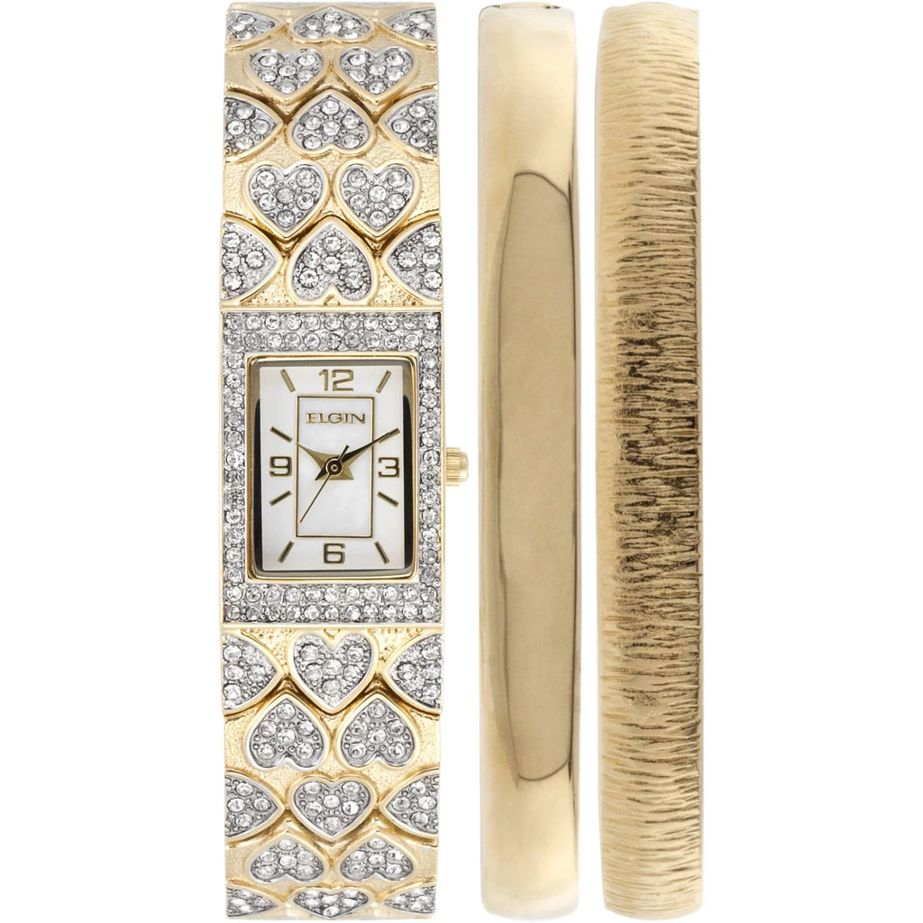 White Round Double Bangle Female Crystal (EG8012ST) Adult MOP Watch Gold-Tone Elgin Set