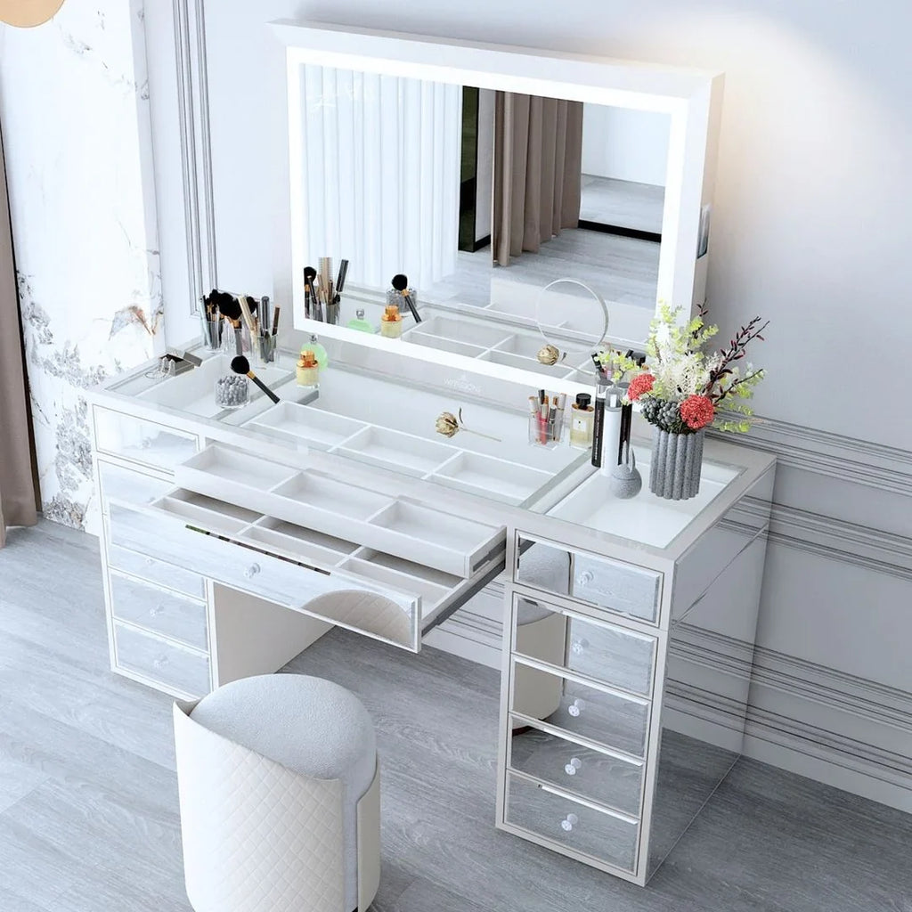 Dimmer Liane and Magnified V. Frame Speakers Vanity Makeup with Metal Desk Mirror with Mirror 3X for Pro Impressions Wall Mirror and Tabletop or Outer Lighted Switch, (White) Mount