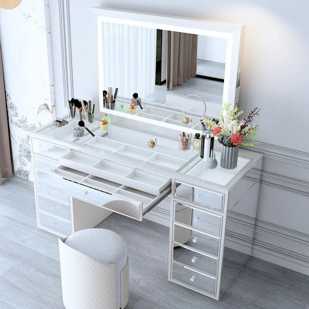 Dimmer Liane and Magnified V. Frame Speakers Vanity Makeup with Metal Desk Mirror with Mirror 3X for Pro Impressions Wall Mirror and Tabletop or Outer Lighted Switch, (White) Mount