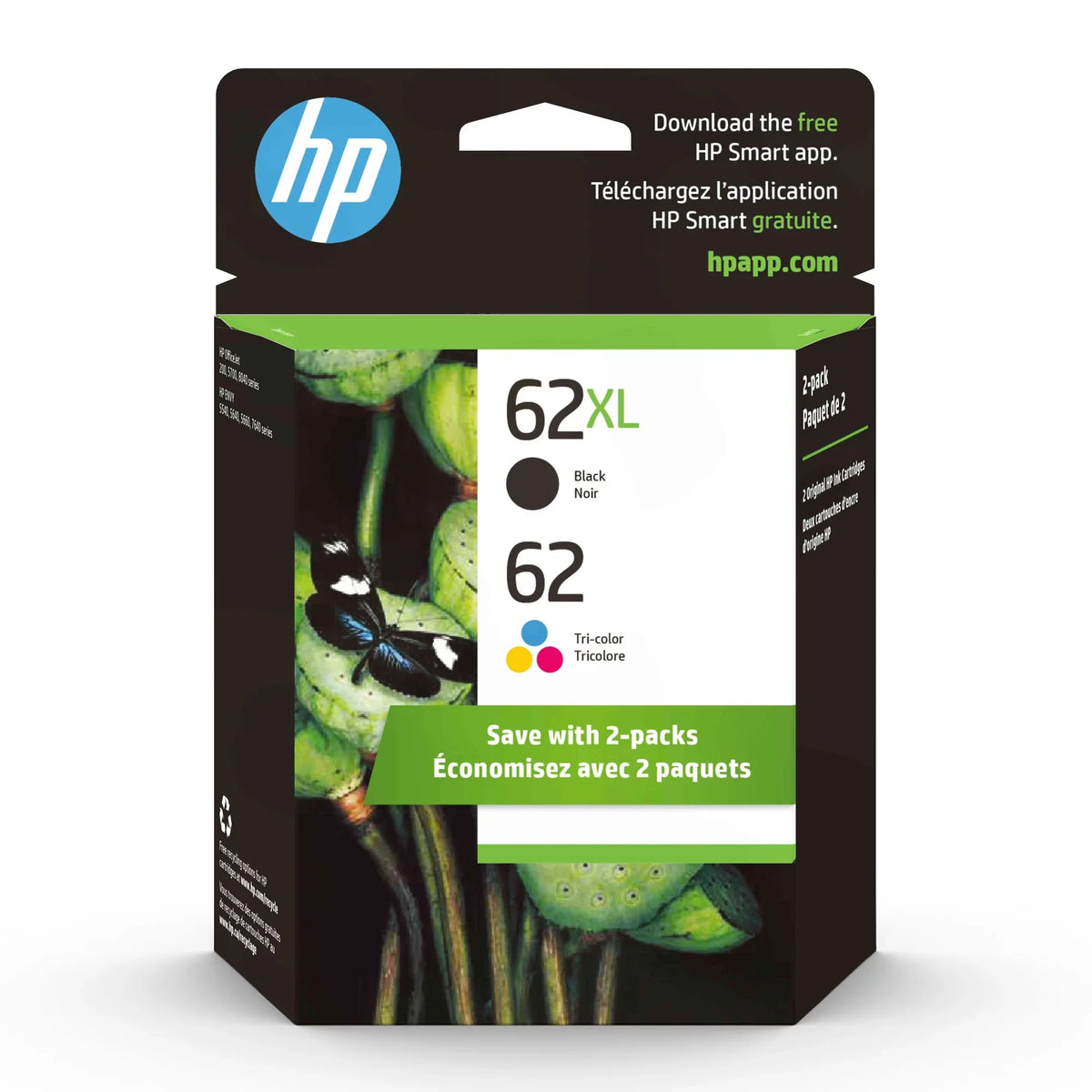 Black/62 N9H67FN, Ink 2/Pack Tri-Color Cartridges, 62XL HP