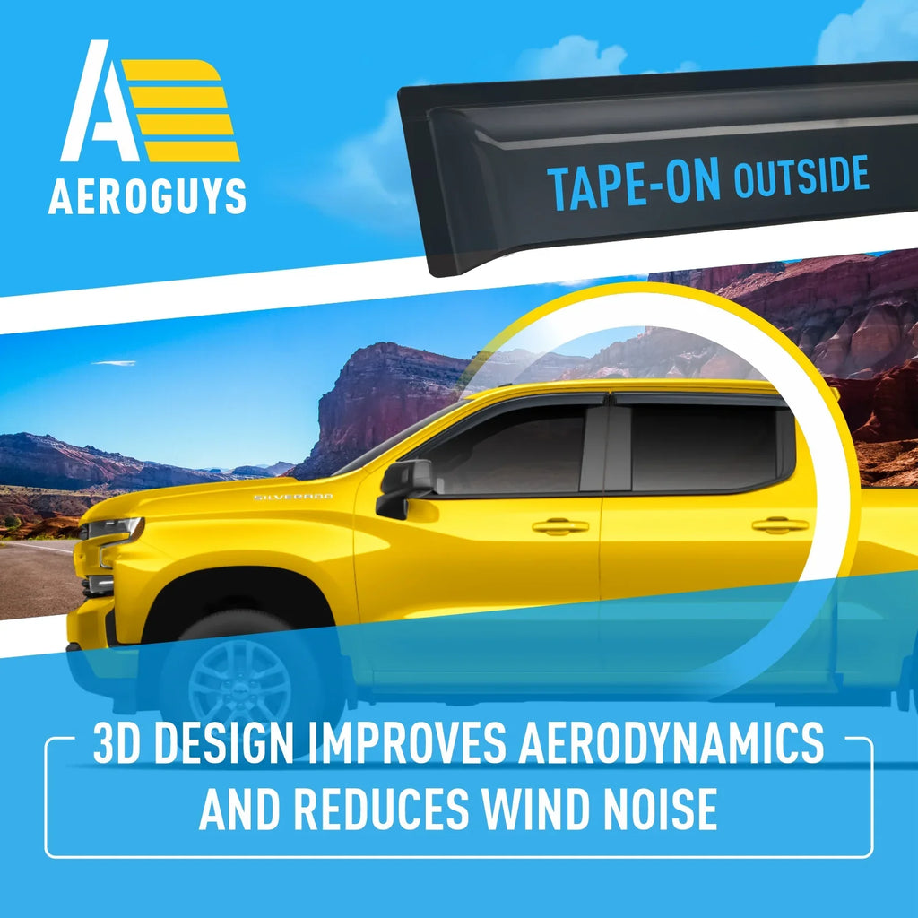 Accessories (Chevy) Deflectors Fit Window Sun Rain AEROGUYS Window Silverado Visors, Cab, Chevrolet 4pcs. Wind Durable - Truck Guards 2019-2024 Extra Tape-On AG0422 1500 Visors Visors, Vent for Crew