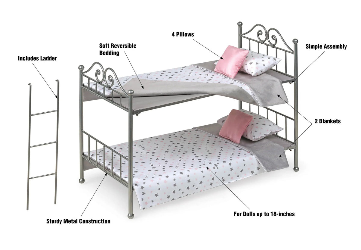 Bed - Metal Dolls Ladder, Bunk Scrollwork Basket inch Silver/Pink 18 Badger for with Bedding