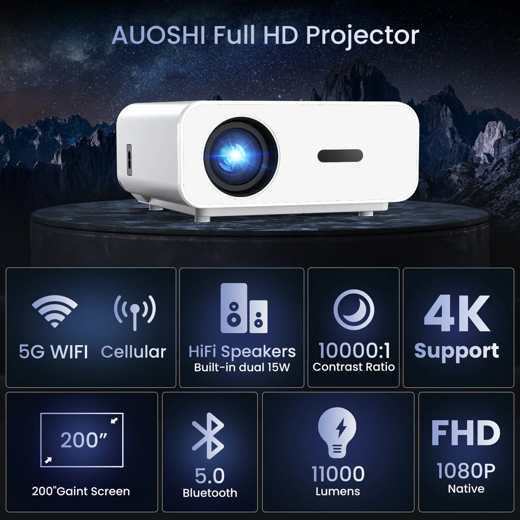 Movie Projector Theater with Bluetooth, and , AUOSHI Projector For Home Projector 5G/2.4G 1080P exterior , Video Portable Support 4K 12000LM Wifi Mini Projector