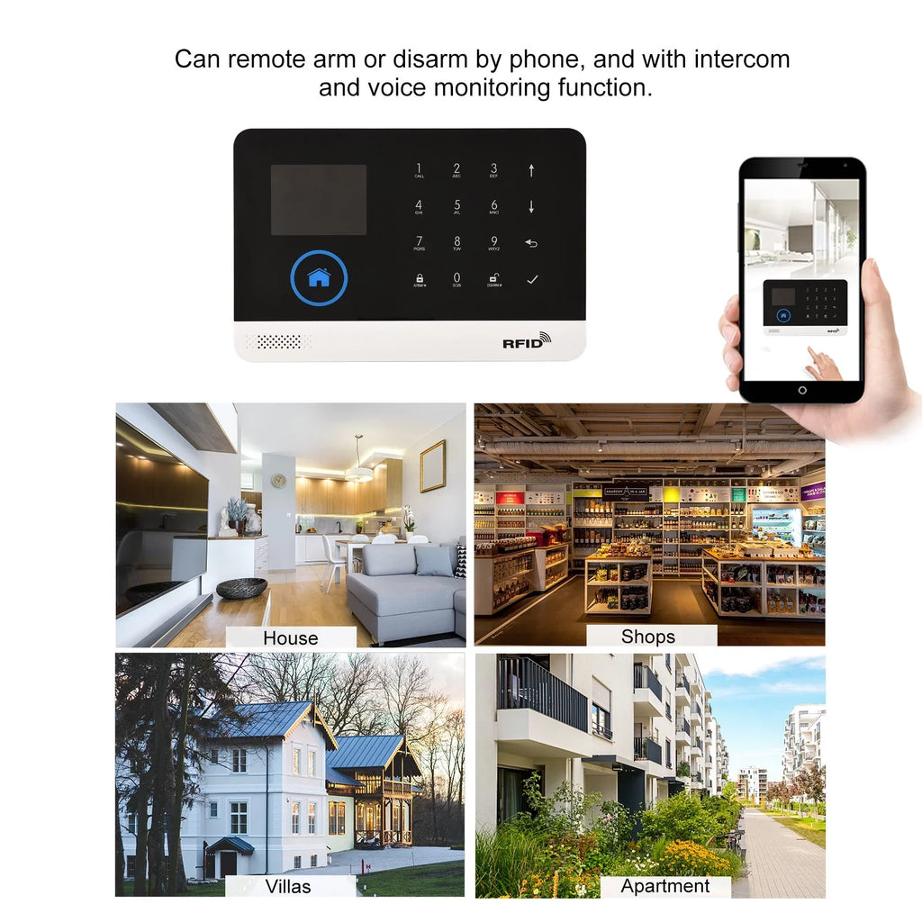 Auto-dial WIFI Motion Control Home Door System APP with Sensor Control Wireless Voice Smart 433MHz Remote Phone PIR Burglar GSM Display LCD Alarm + System Compatible Alarm Home Sensor
