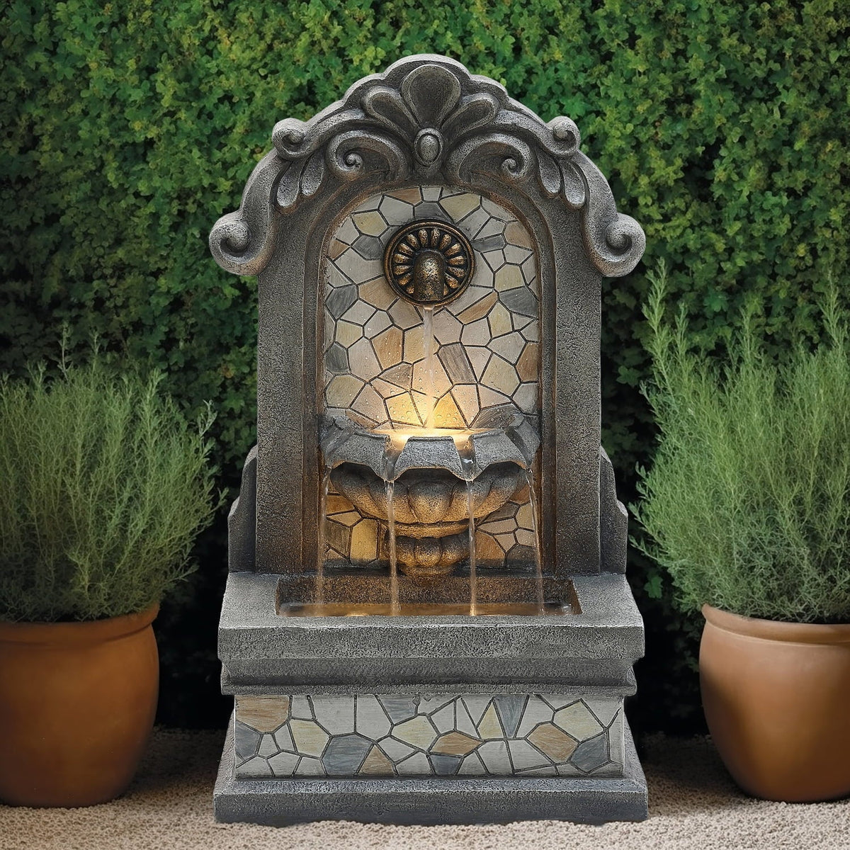 liquid H Lights Mosaic with Fountain Wall LuxenHome Freestanding Resin Gray 27" exterior