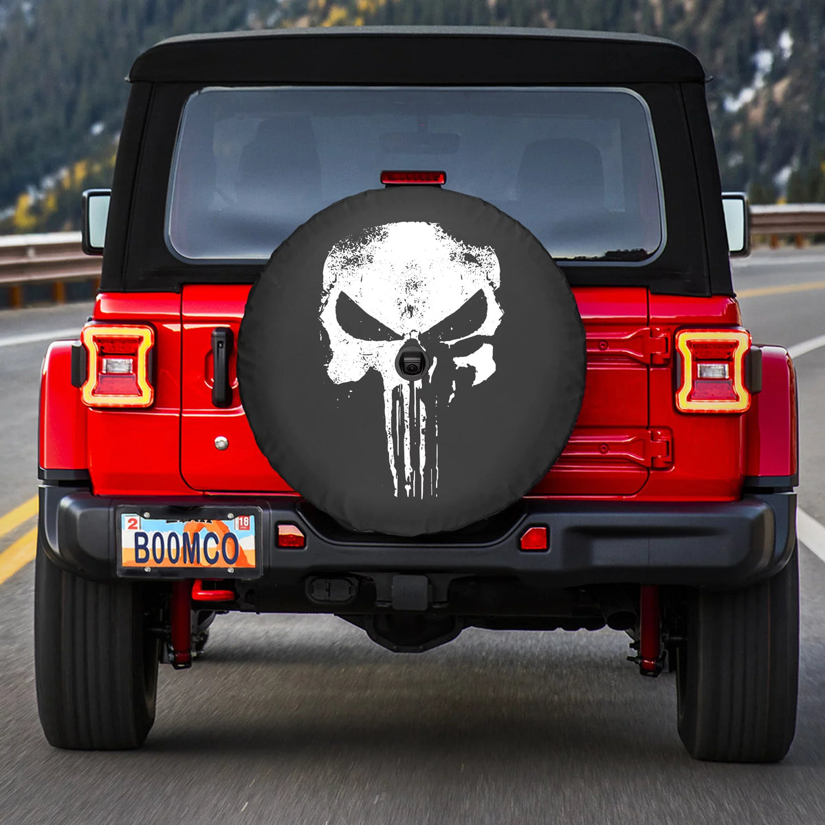 '- Punisher 32" (w/ Sport Boomerang (2018-2020) Sahara Jeep Skull JL - - back-up JL camera) Cover Distressed & for Wrangler Soft Tire