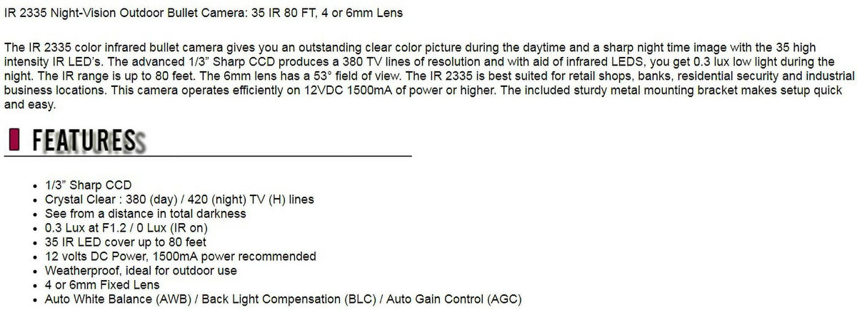 Security Fixed IR 2335 Camera (6mm Night-Vision Eyemax Bullet 35 Lens) 80FT IR CCTV exterior