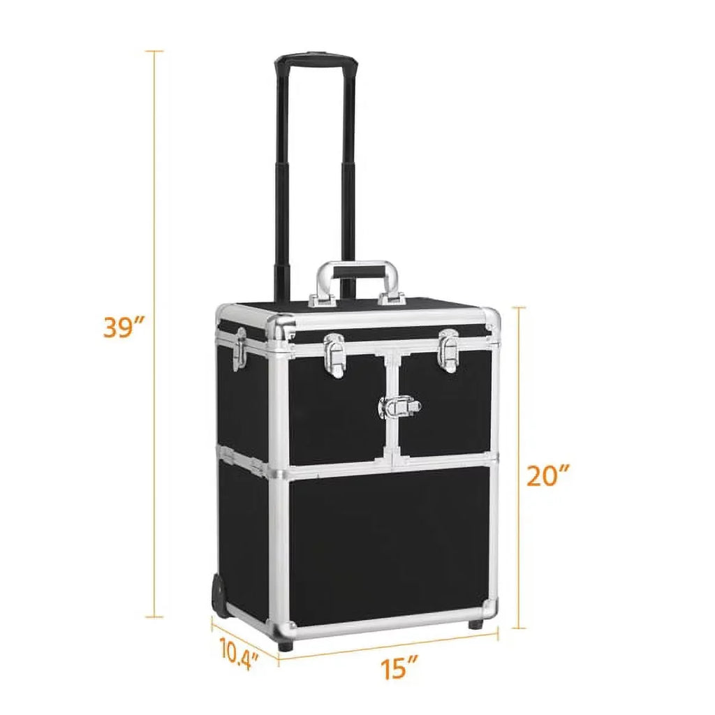 Alden Wheels, Design Mirror, Trays, & Makeup Black Case with Trolley Retractable Rolling