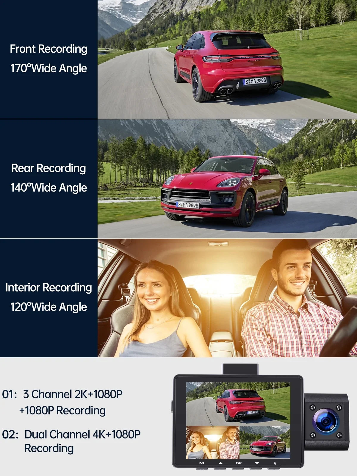 Rear and Front Inside, WDR,G-Sensor, TOGUARD Parking 4K Dashcam Camera, Dash Night Triple Channel Dash Monitor Cam Vision, with IR 3 4K+1080P 2K+1080P+1080P Camera Car