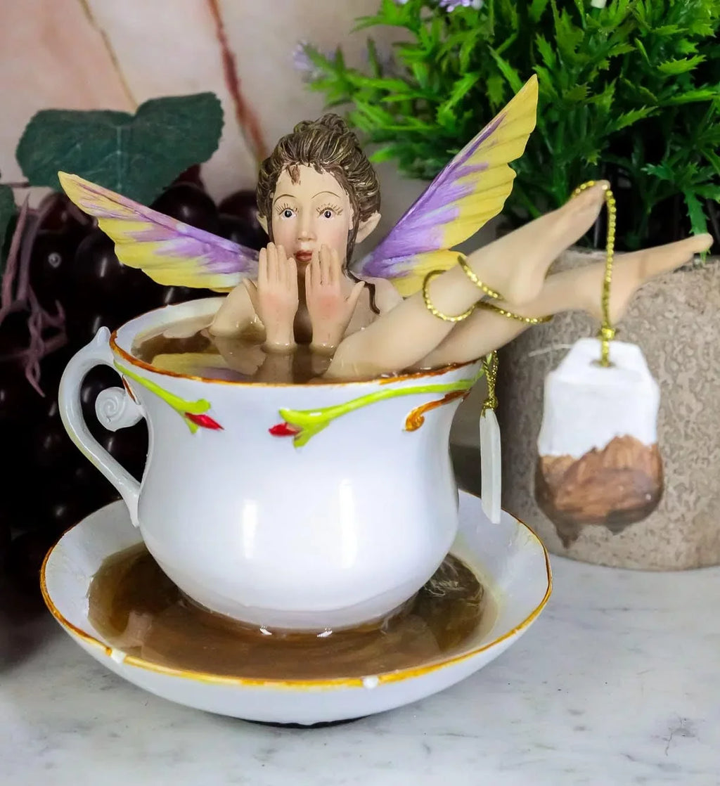 Fairy With Tea Fantasy Tea Shocked Fairy Tea Cup In Bathing 5" H Design Figurine Collectible Saucer Ebros Time Magical Encounters Bag Cracked With