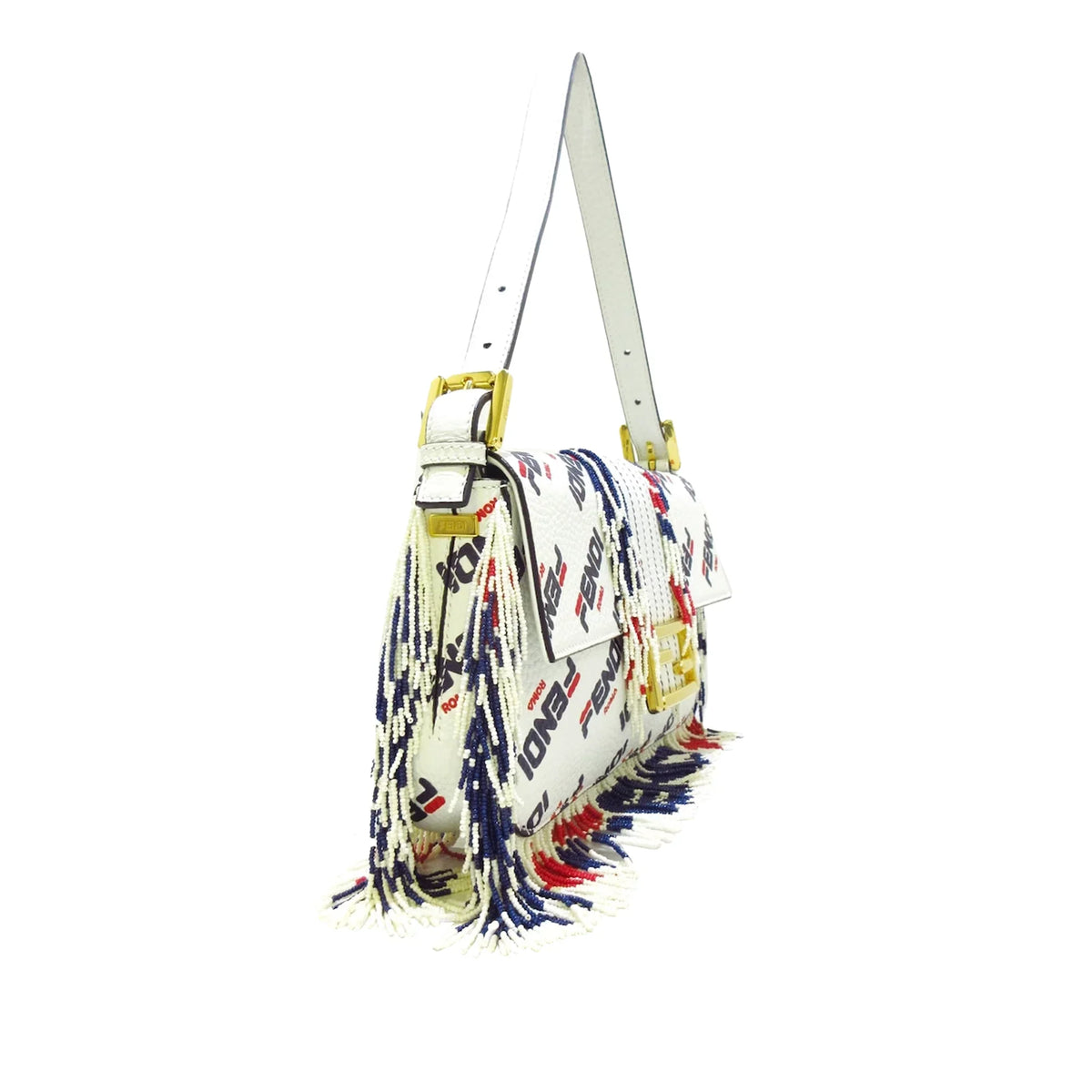 Shoulder Baguette Unisex White Authenticated Fila Calf Bag (Good) Leather Mania Fendi Pre-Owned Beaded