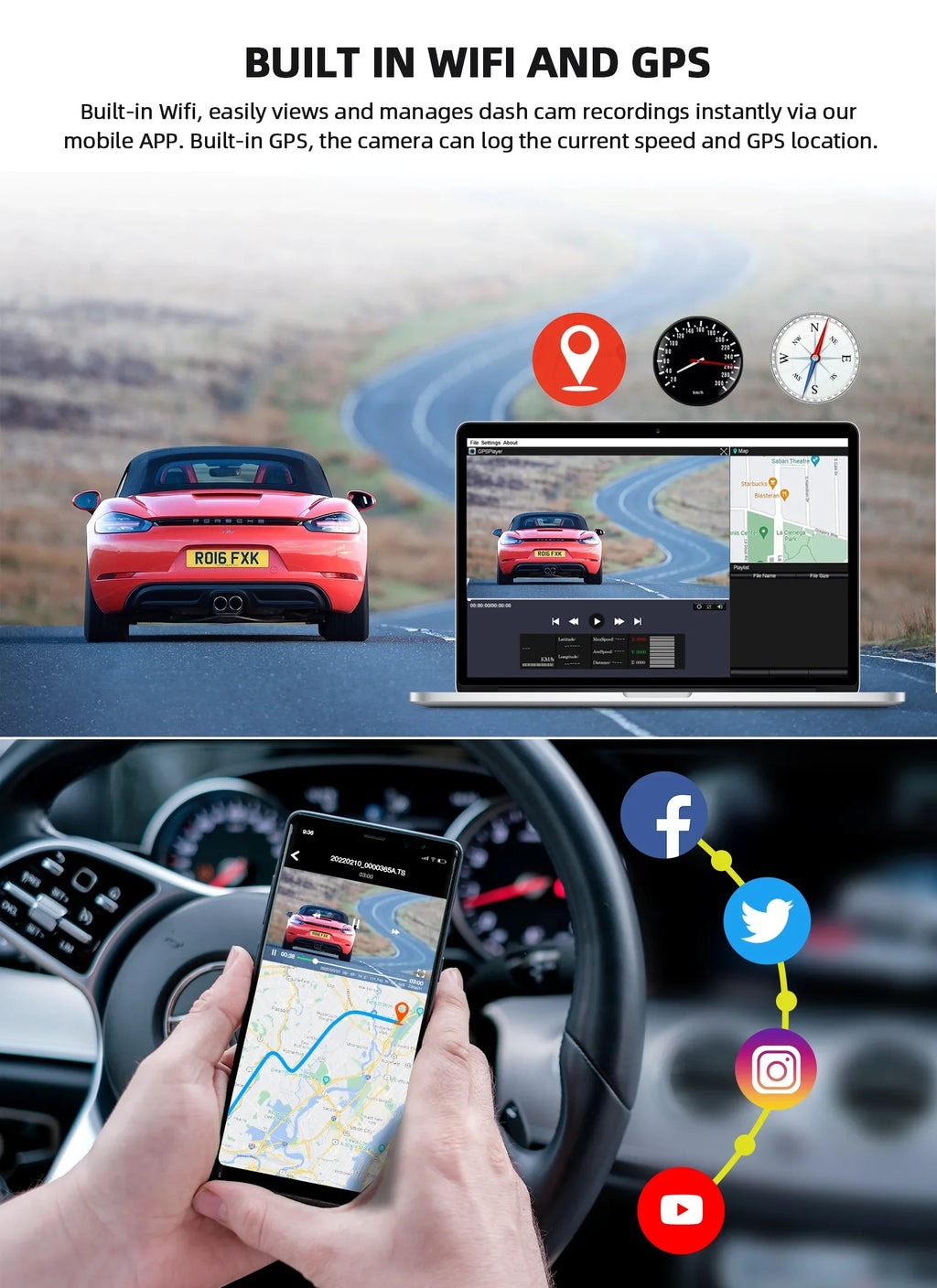 Speed, Dash Dual Wide WDR, Monitor Car Parking Vision, Dashcam IR Front with and Port, Camera 3 Angle, GPS with Dash WiFi Triple Night 4K Channel 2K+1080P+1080P@30fps Type 170° Cam C Inside, 24hr