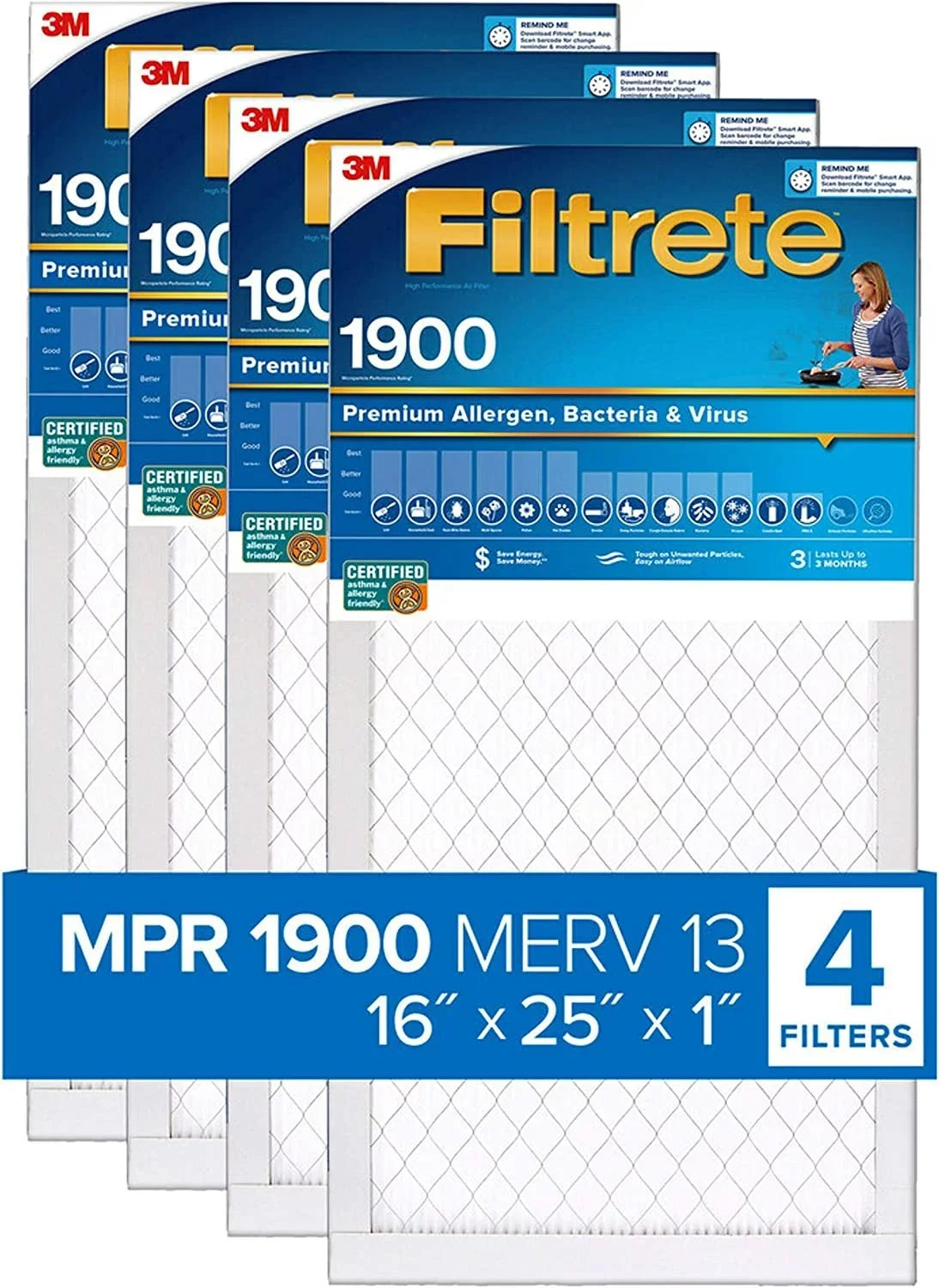 Living dimensions Ultimate Air Filtrete 13, 0.78 x 24.69 exact MERV 16x25x1 Healthy Filter 4-Pack MPR Allergen, x 15.69 1900