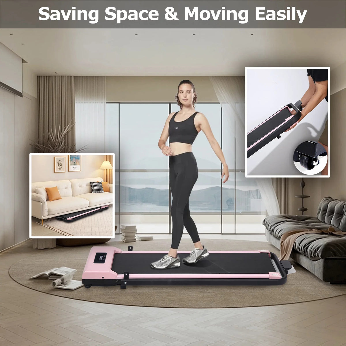 Display, 1, Treadmill in Ultra Walking 2 Pink Portable Capacity Remote 3.0HP Installation-Free Home, Desk for - Under 220 Pad BITOUSHI Lb Control, LED with Small Quiet & Treadmill Office &