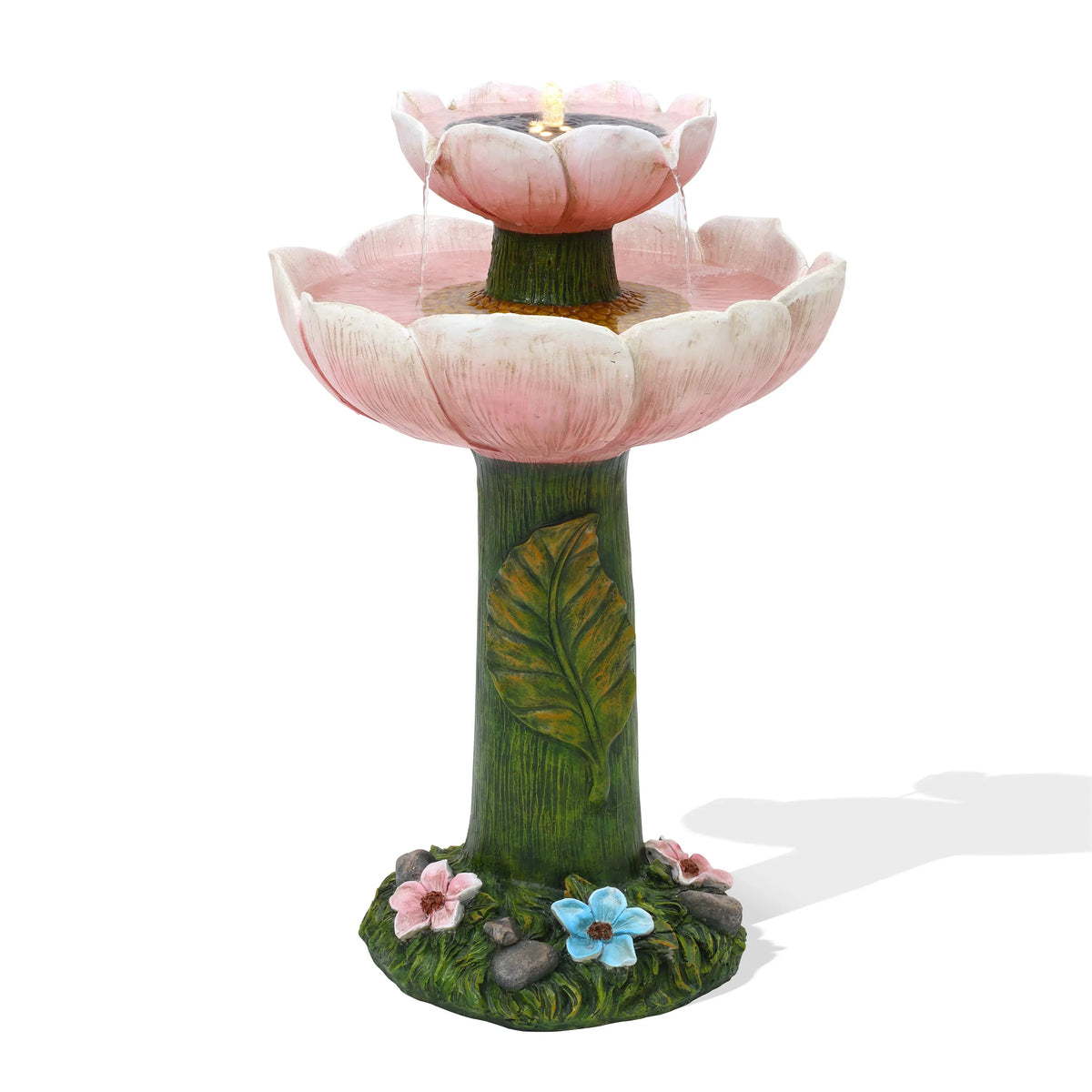 Powered 2-Tier Lights Birdbath Resin Pink LuxenHome Solar Flower Fountain with