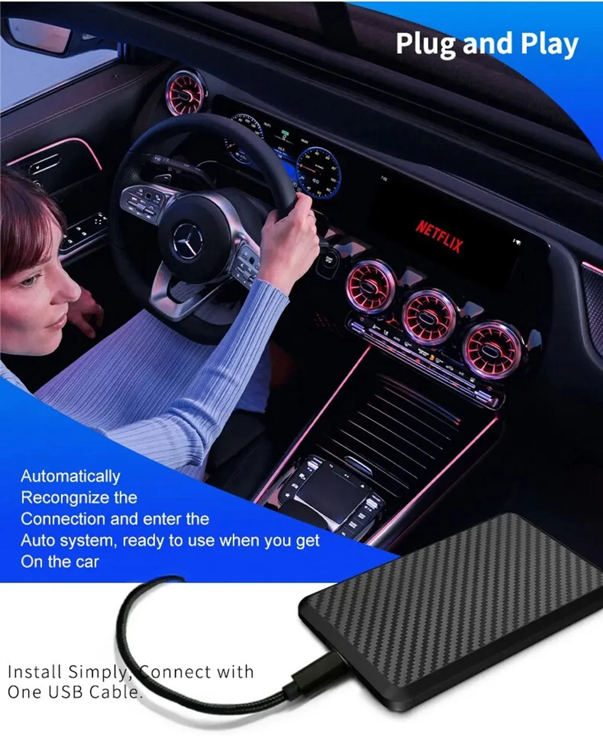AI Wireless Netflix Dongle Box Wifi Audi/Toyota/VW/Golf/Mercedes/Subaru for Android 11 Wired Masslatie Mini Fit Youtube CarPlay to System