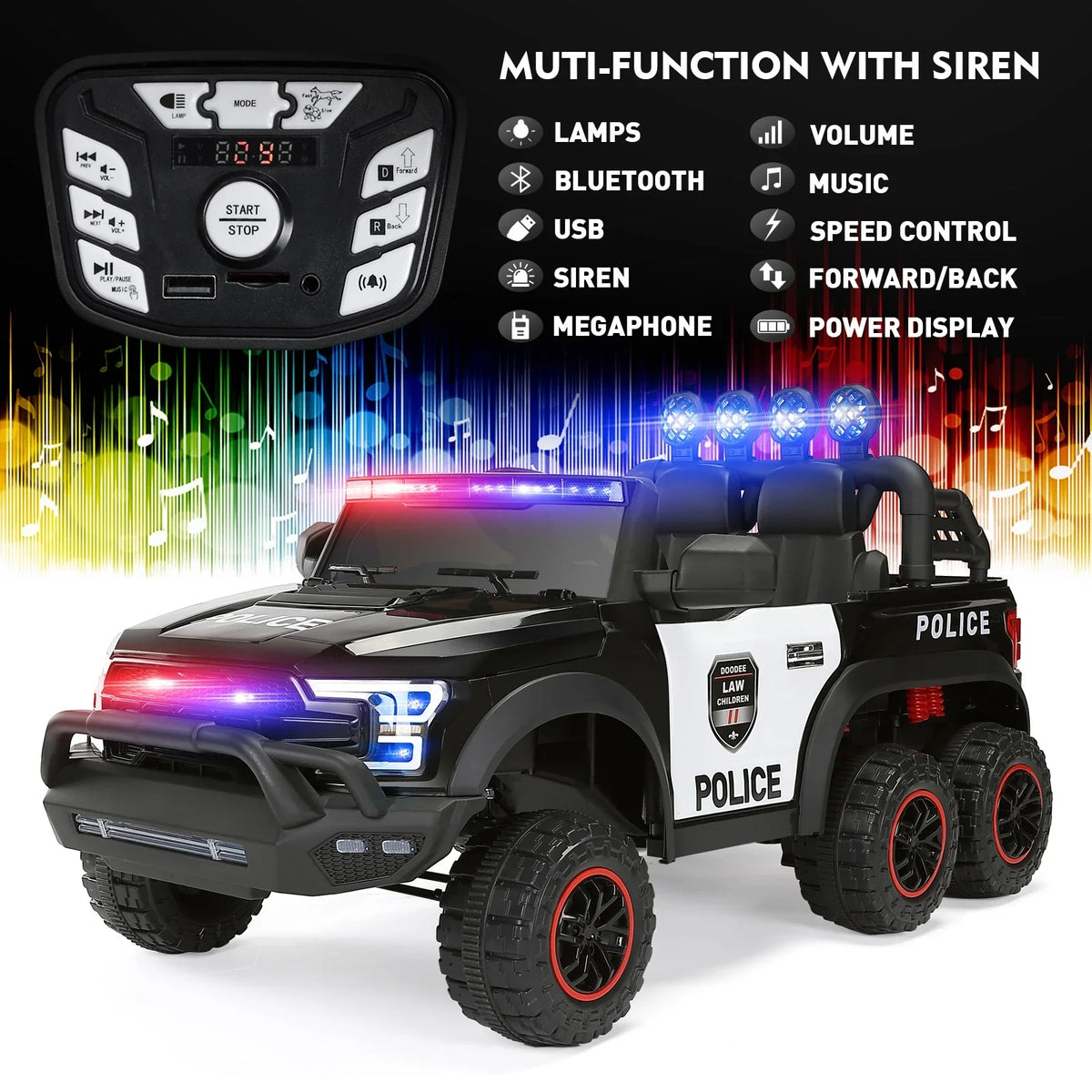 with 6 Toy 12V Ride on Control Kids Police (Black) Remote JOYLDIAS Car Wheels