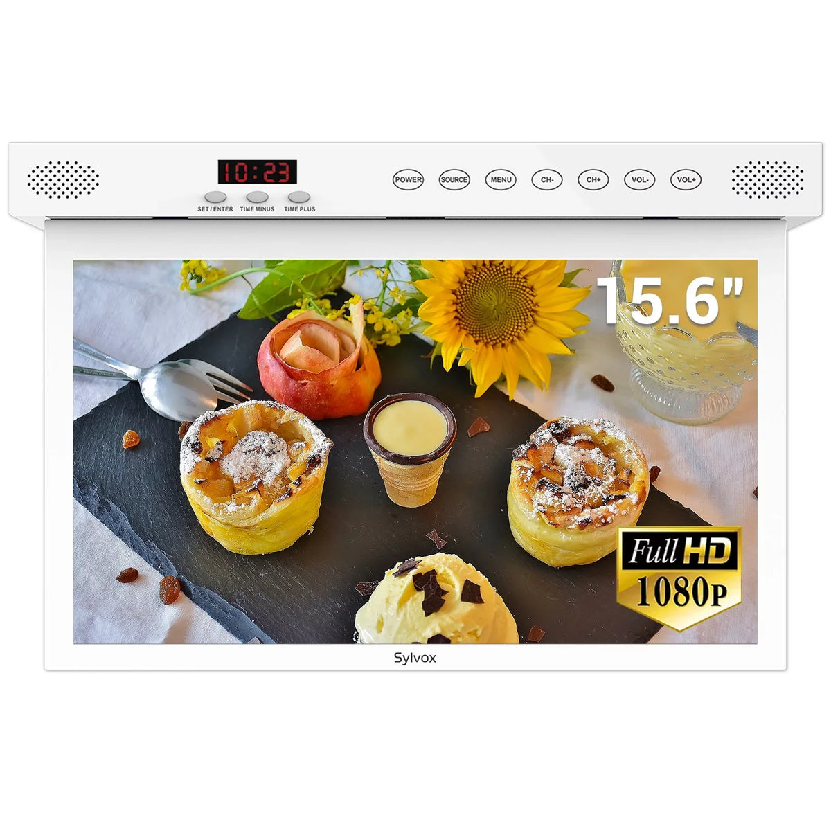 FHD Assistant inch SYLVOX Built-in Cabinet Support WiFi TV, Play, Android TV, Kitchen 1080P 15.6 Under Smart Smart TV Bluetooth