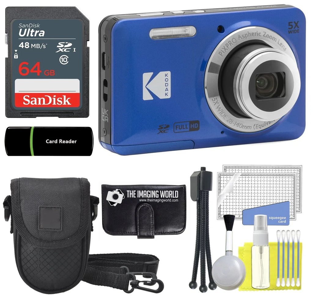Zoom Bundle Angle Case Cleaning Optical Kodak Video FZ55 Tripod HD Wallet Memory + Camera Digital and 2.7" 28mm PIXPRO LCD + 16MP Camera Full + 1080P 64GB Blue Reader 5X + Card + Wide
