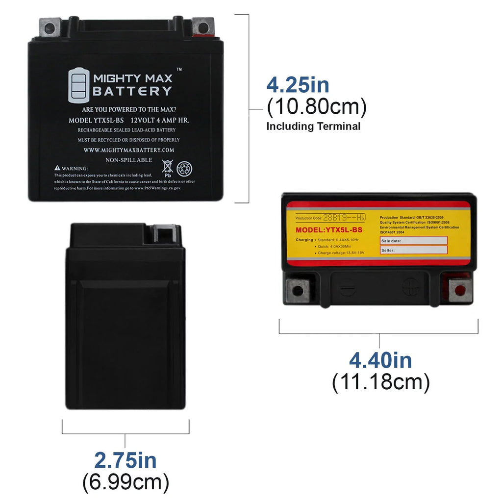 12V for 230 4AH YTX5L-BS 05-20 TTR230 Replacement Battery Yamaha