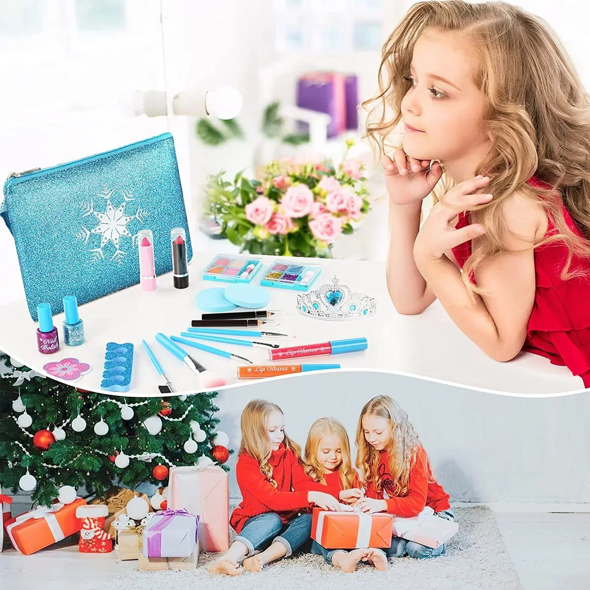 for Washable Pcs Toys Gift Frozen Princess, Makeup for Toddler Set for Real Makeup 24 Years Makeup Kit with Girls 3-12 Girls, Toy Kids Old Safe Makeup Non-Toxic Kit Set (Blue) & Kids Cosmetic Bag,
