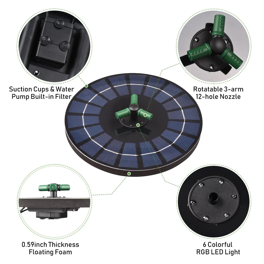 Pond Colorful for Battery Pump Solar Fountain Rotatable Bird With 6W 9 Nozzle Inch Auto-Shut Solar Small Pump Fountain With off Garden RGB Bath