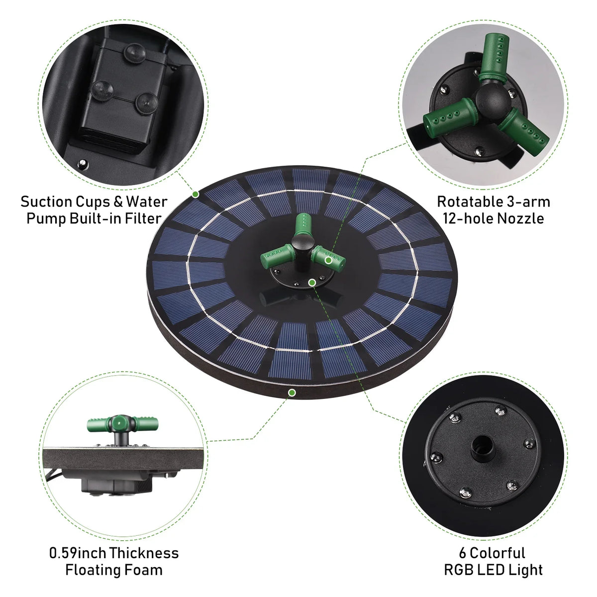 Pond Colorful for Battery Pump Solar Fountain Rotatable Bird With 6W 9 Nozzle Inch Auto-Shut Solar Small Pump Fountain With off Garden RGB Bath