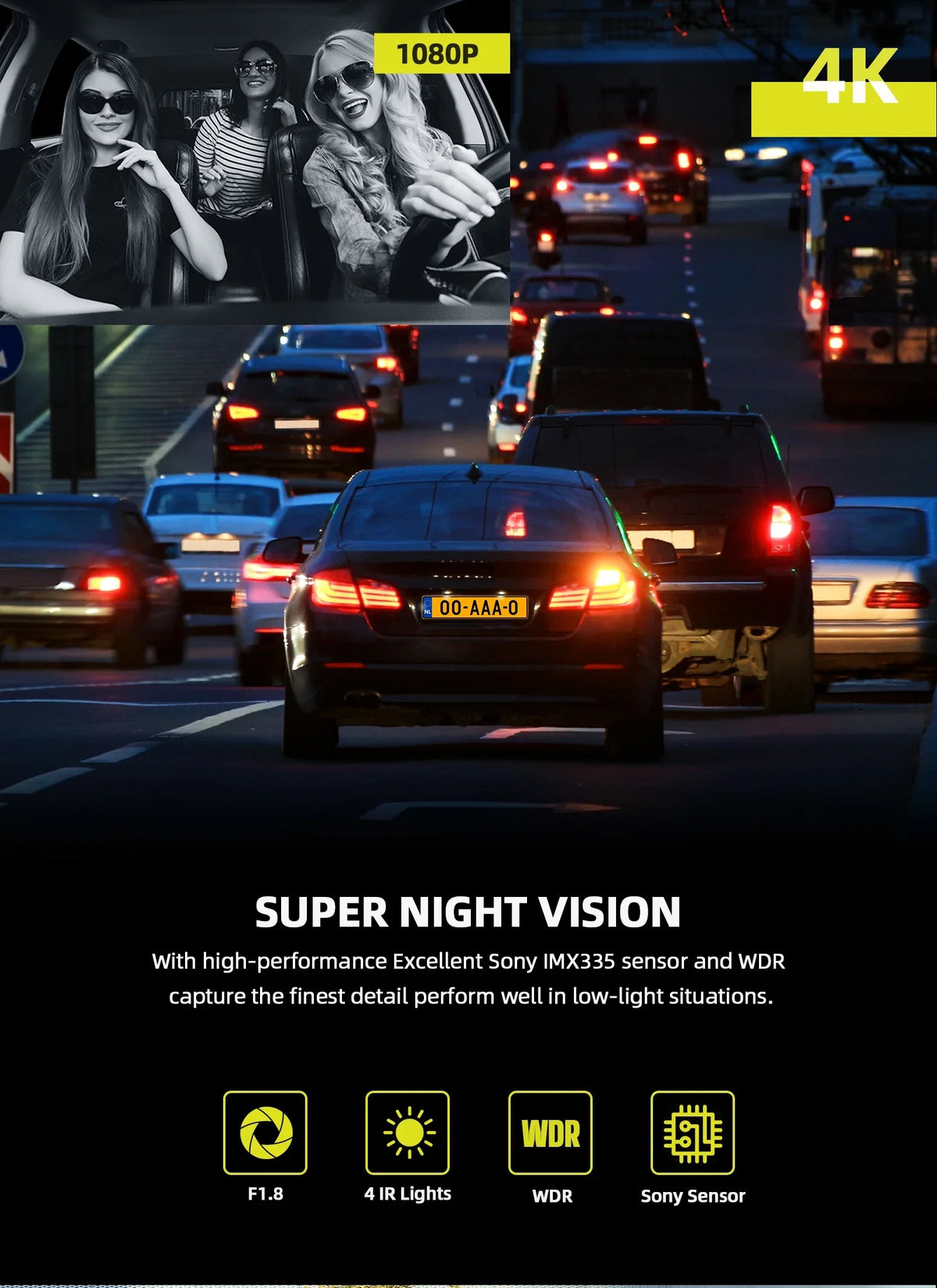 Speed, Dash Dual Wide WDR, Monitor Car Parking Vision, Dashcam IR Front with and Port, Camera 3 Angle, GPS with Dash WiFi Triple Night 4K Channel 2K+1080P+1080P@30fps Type 170° Cam C Inside, 24hr