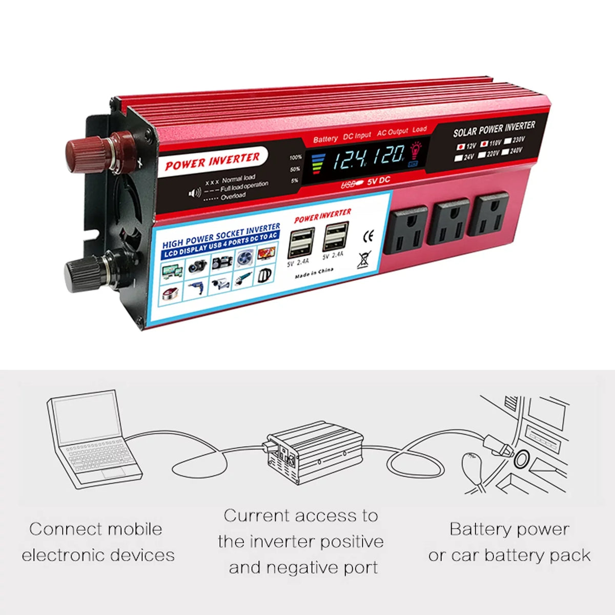 850-950W, LCD Inverter, Inverter Energy High Efficiency to Display, for Sine RV, Saving Solar Converter Car AC 12V with Nebublu