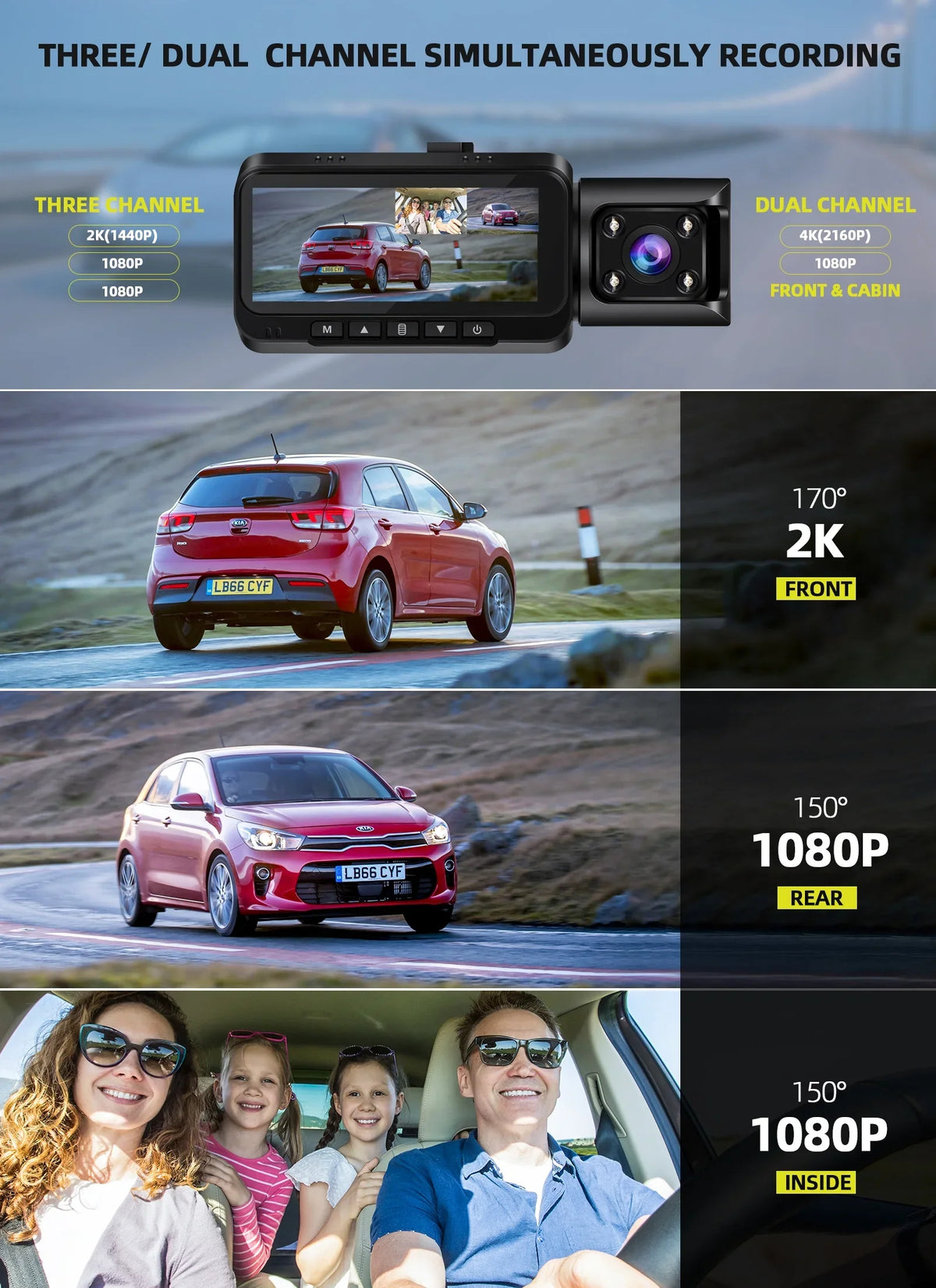 Speed, Dash Dual Wide WDR, Monitor Car Parking Vision, Dashcam IR Front with and Port, Camera 3 Angle, GPS with Dash WiFi Triple Night 4K Channel 2K+1080P+1080P@30fps Type 170° Cam C Inside, 24hr